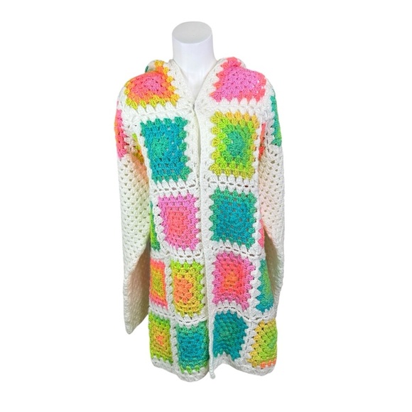 Granny Square Afghan Crochet Cardigan, Hooded Cardigan Handmade Plus Size - Picture 2 of 15